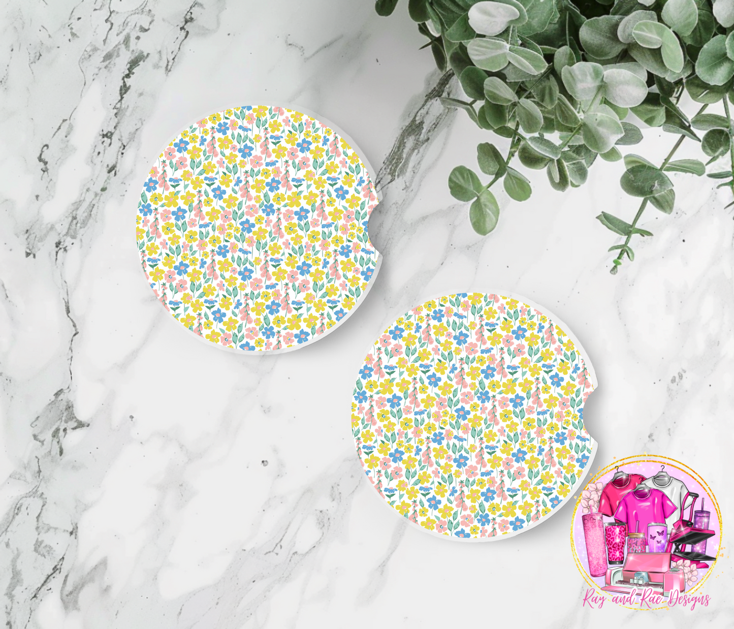 Yellow, Pink, and Blue Car Coasters