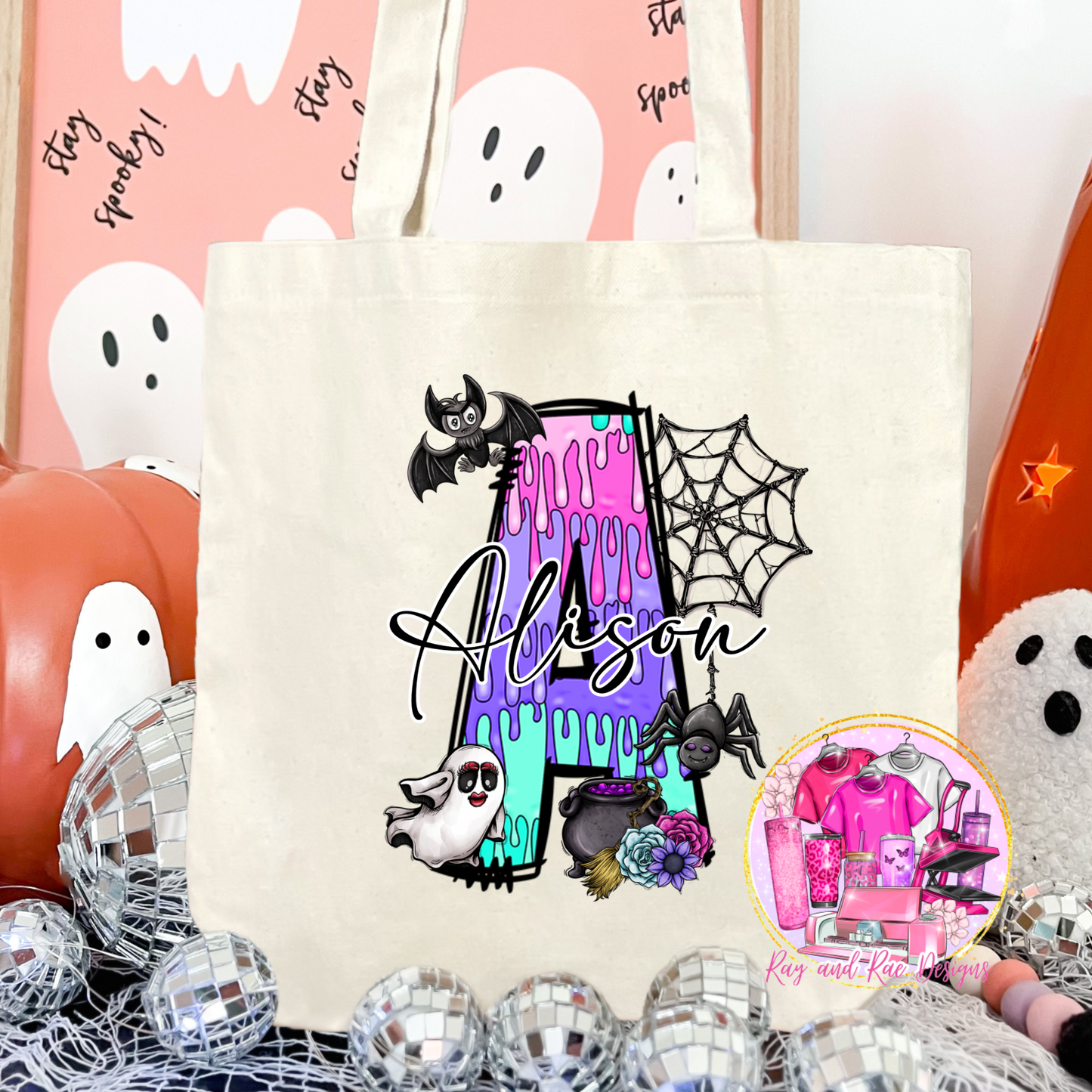 Halloween Initial Name Canvas Tote