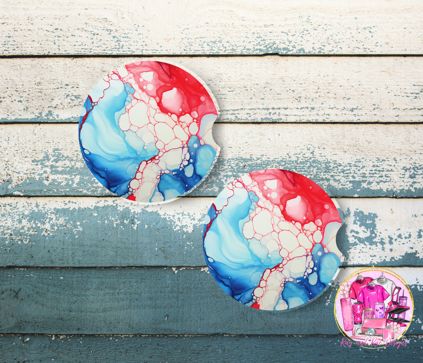 Fluid Painting Red, White, and Blue Car Coasters