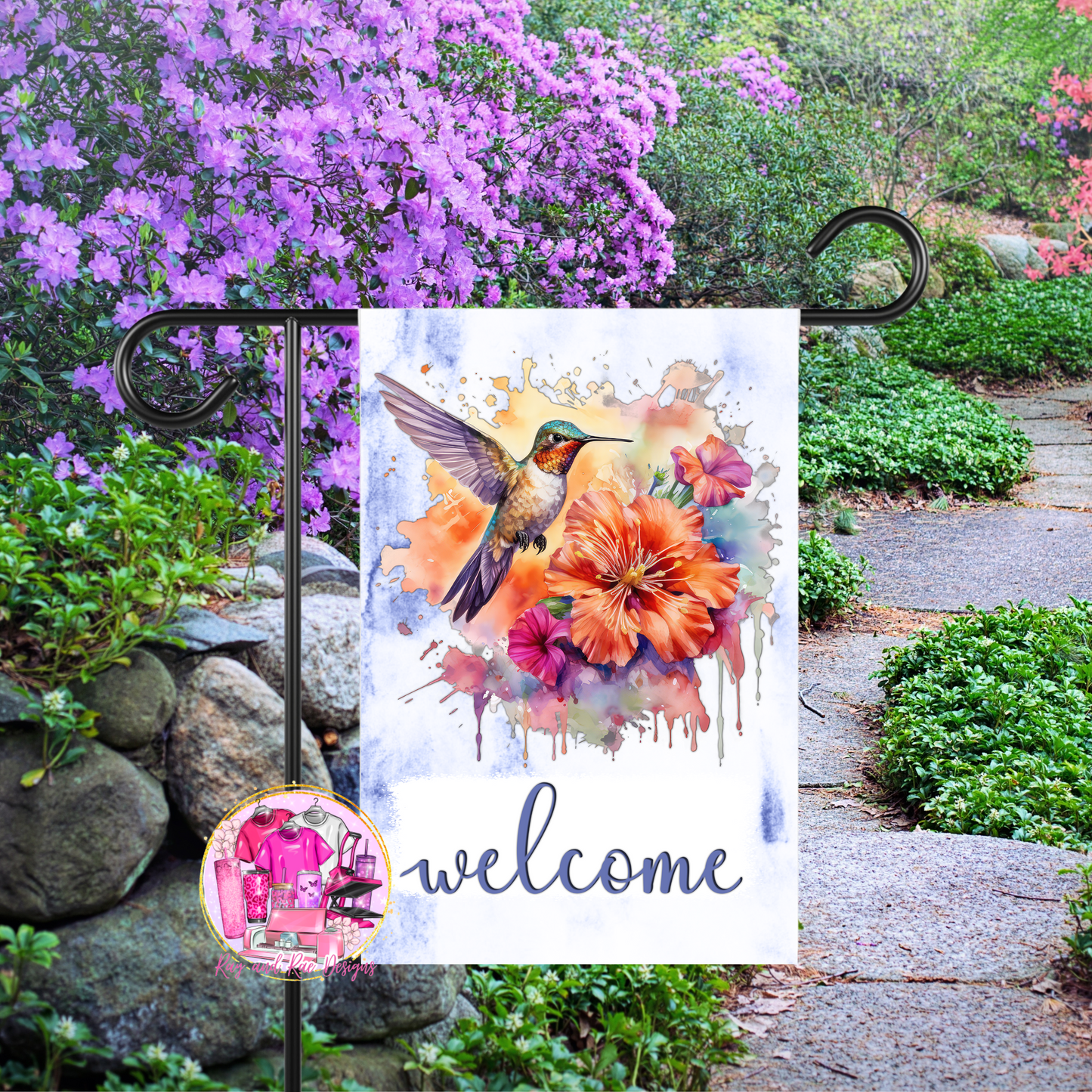 Purple Hummingbird Welcome Flag