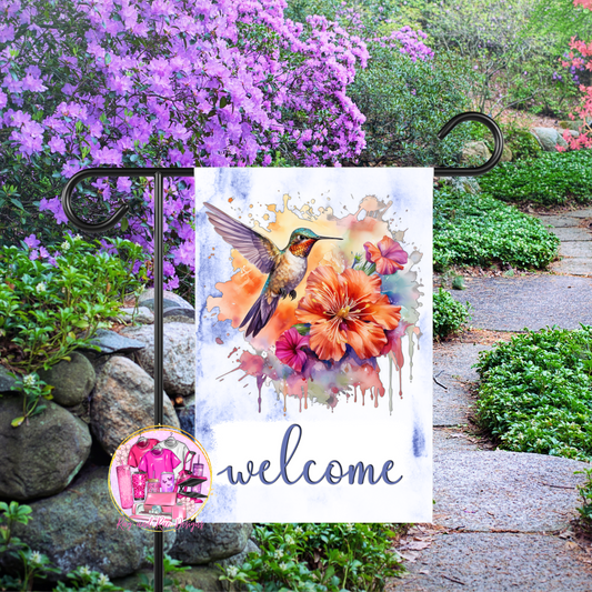 Purple Hummingbird Welcome Flag