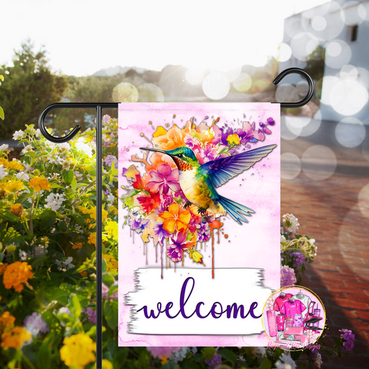 Pink Hummingbird Welcome Flag